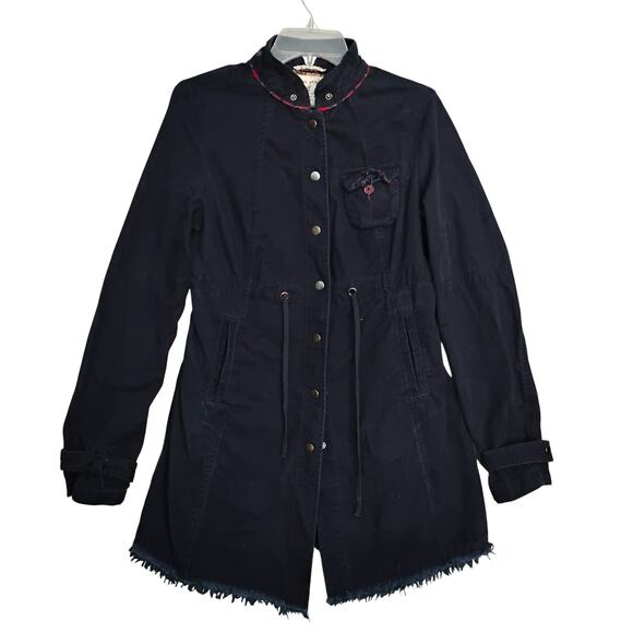 Free People 100% Cotton Utility Jacket Size 8 Navy Blue Tie at Waist Snap Button - Picture 5 of 10
